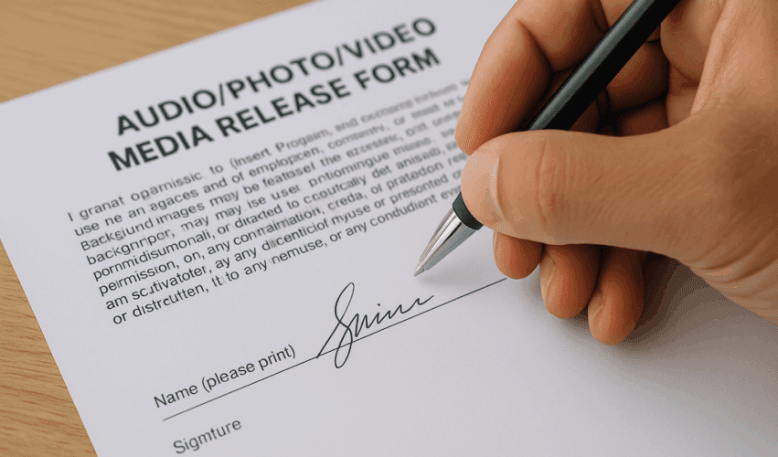 Talent release form document being signed
