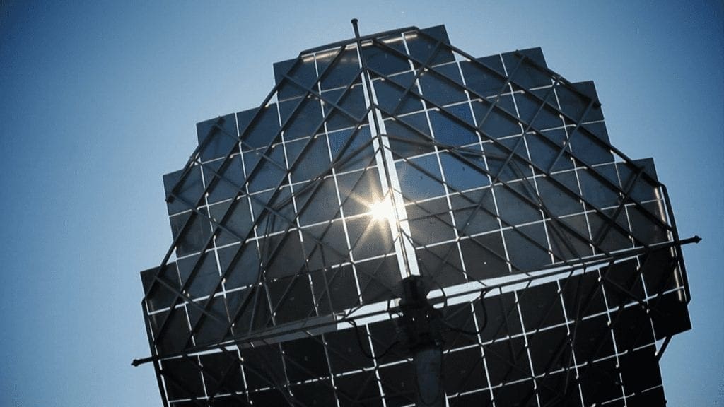 Sunlight shining through the structure of a Solar Systems dish array