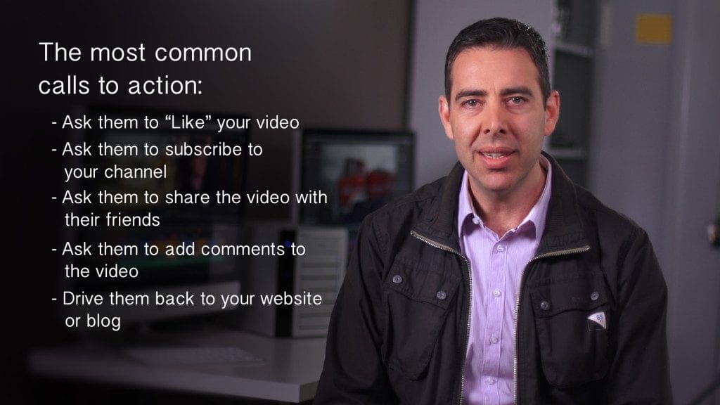 An archive video still with a presenter beside examples of calls to action, including liking, subscribing, sharing, commenting and visiting a website.
