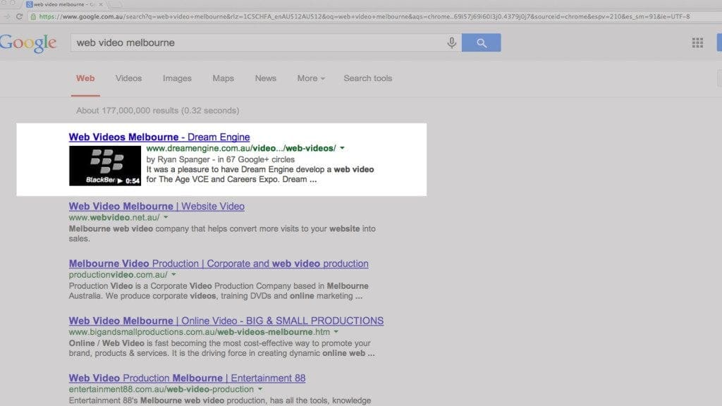 Historical Google search results for web video melbourne, with a Dream Engine result showing a video thumbnail and description.