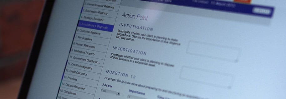 Close-up of a screen showing an Action Point page with questions and investigation headings.