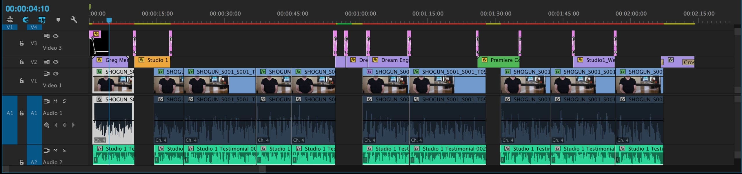 Dream Engine video edit timeline with picture, dialogue and audio tracks