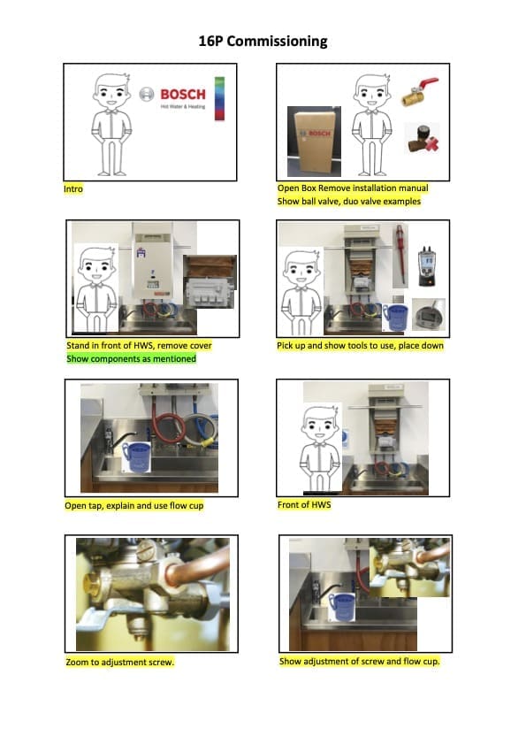 Storyboard for a Bosch Hot Water technical training video showing the planned shots for commissioning a 16P continuous flow hot water system, including close-up demonstrations, presenter segments and product details.