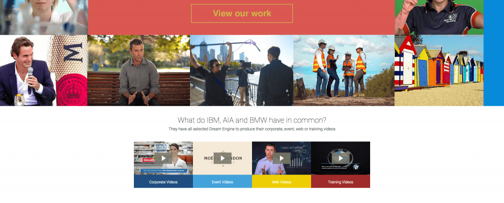 Historical Dream Engine website from 2017, showing portfolio images and video categories on the homepage.