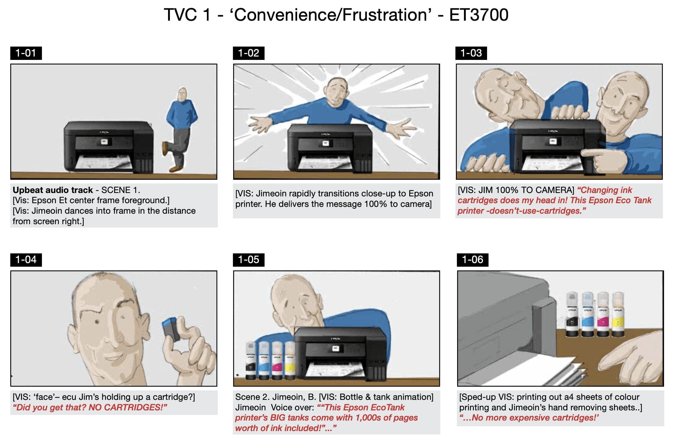 Storyboard for a Dream Engine Epson EcoTank television commercial