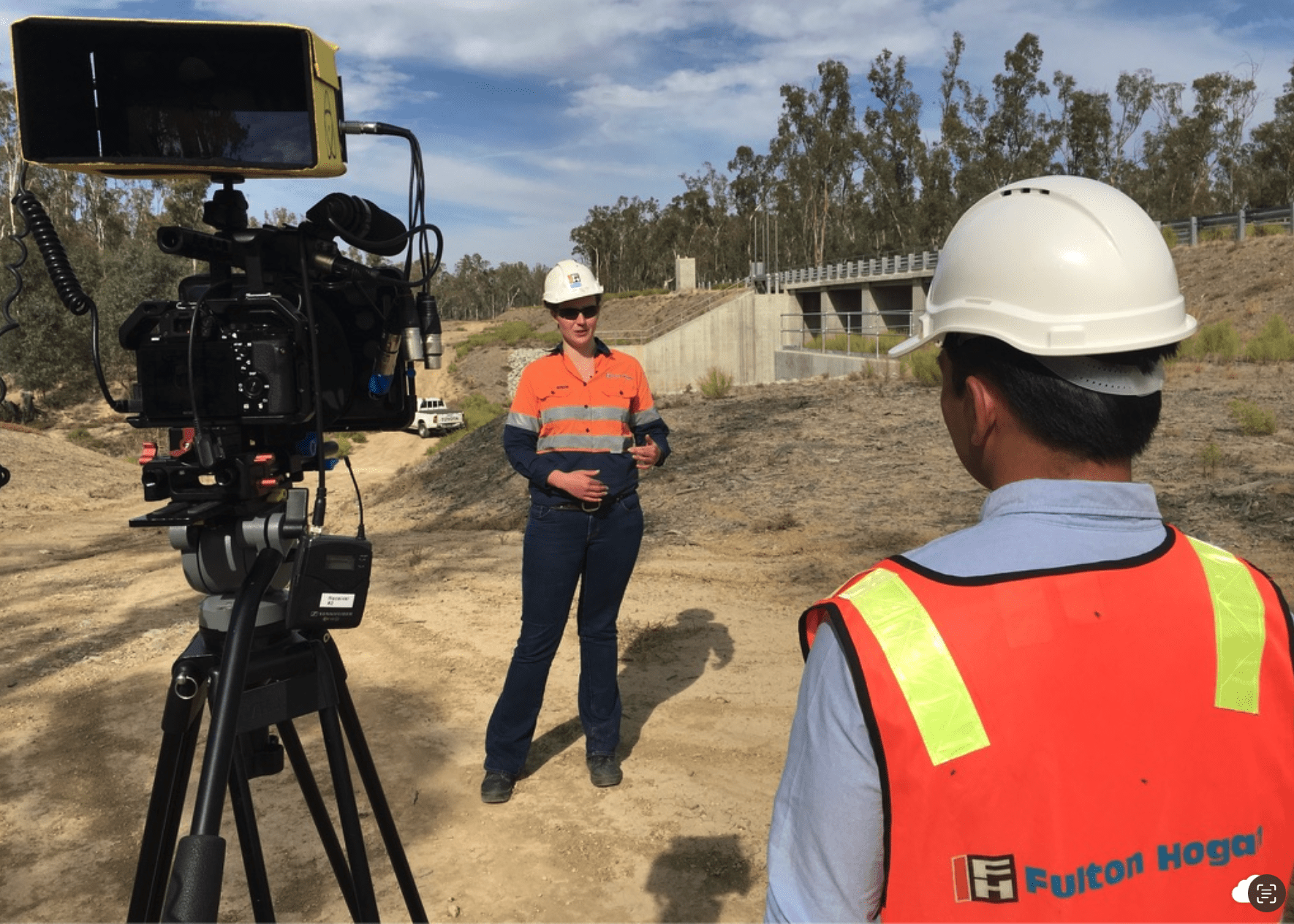 Dream Engine filming an interview on a Fulton Hogan worksite