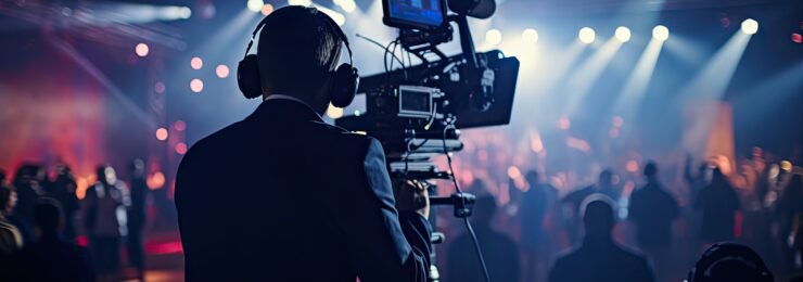 2400 experienced cameraman recording live event news studio with selective focus