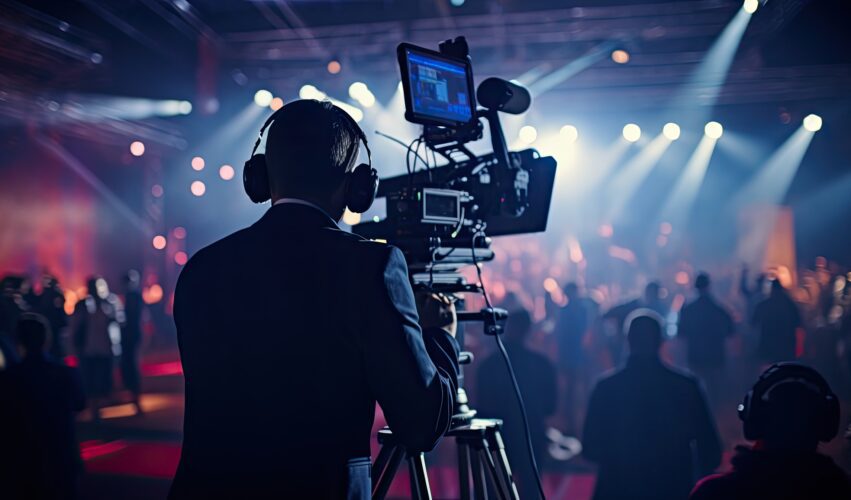 2400 experienced cameraman recording live event news studio with selective focus