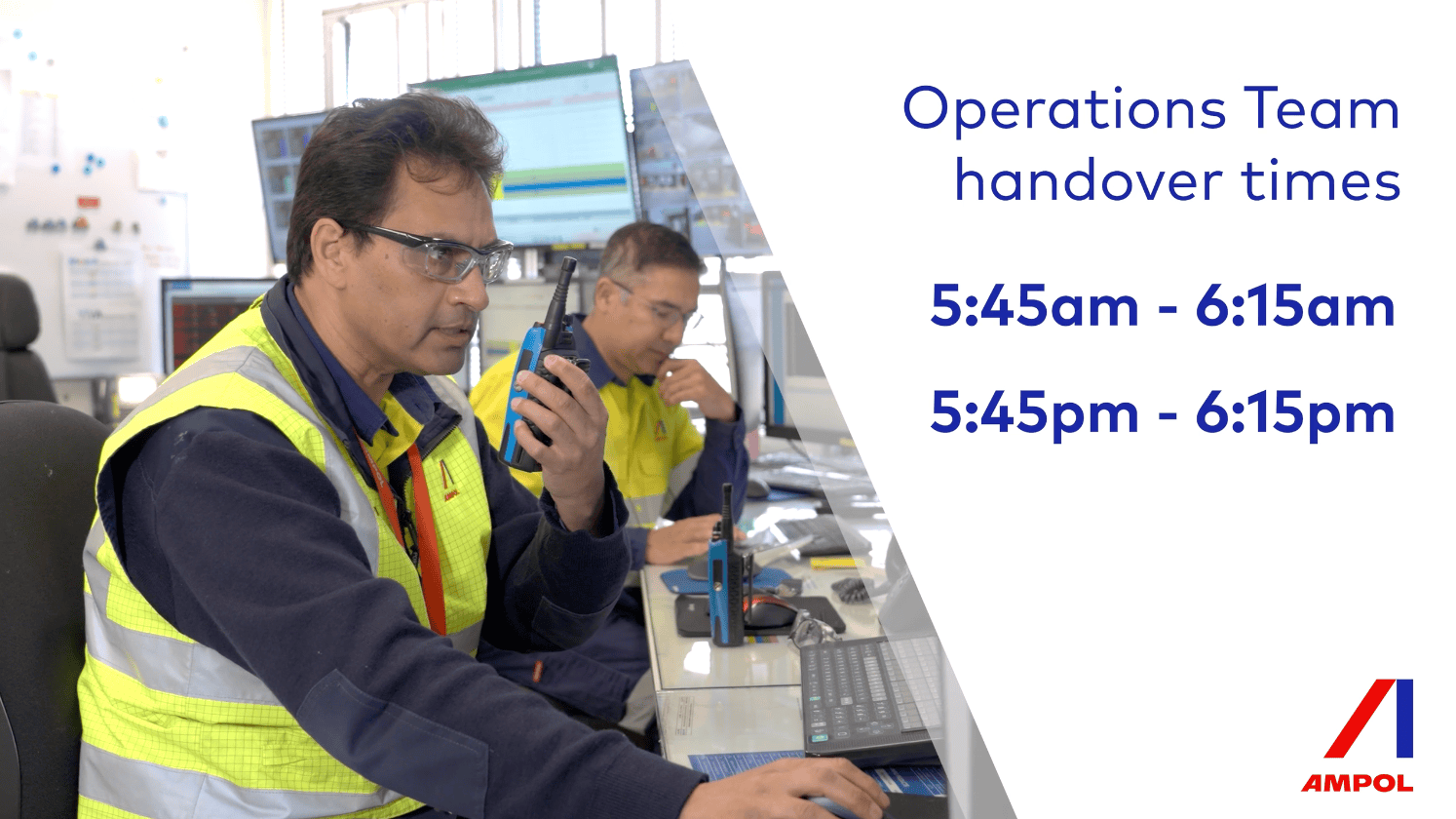 Ampol operations team member using a two-way radio with handover times shown beside him