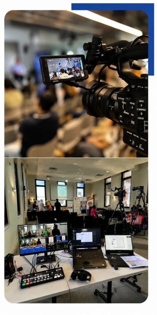 Professional multi-camera live stream with broadcast cameras and production control desk