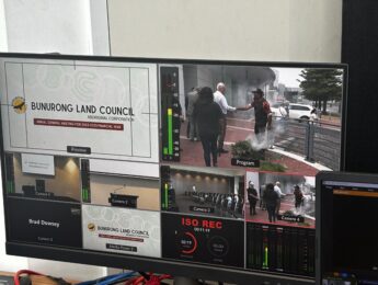 Live production control room for the Bunurong Land Council AGM featuring four-camera live streaming, wireless coverage of the Smoking Ceremony, PowerPoint integration and hybrid event broadcasting.