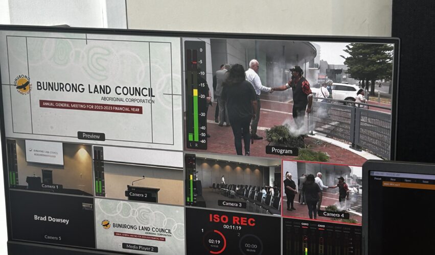 Live production control room for the Bunurong Land Council AGM featuring four-camera live streaming, wireless coverage of the Smoking Ceremony, PowerPoint integration and hybrid event broadcasting.