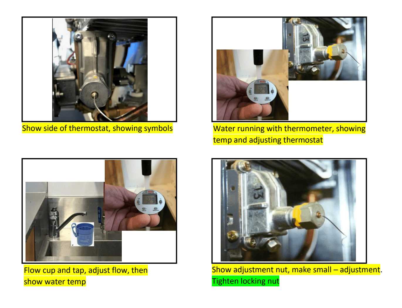 Bosch hot water storyboard showing planned close-ups for thermostat calibration, water temperature and flow adjustment