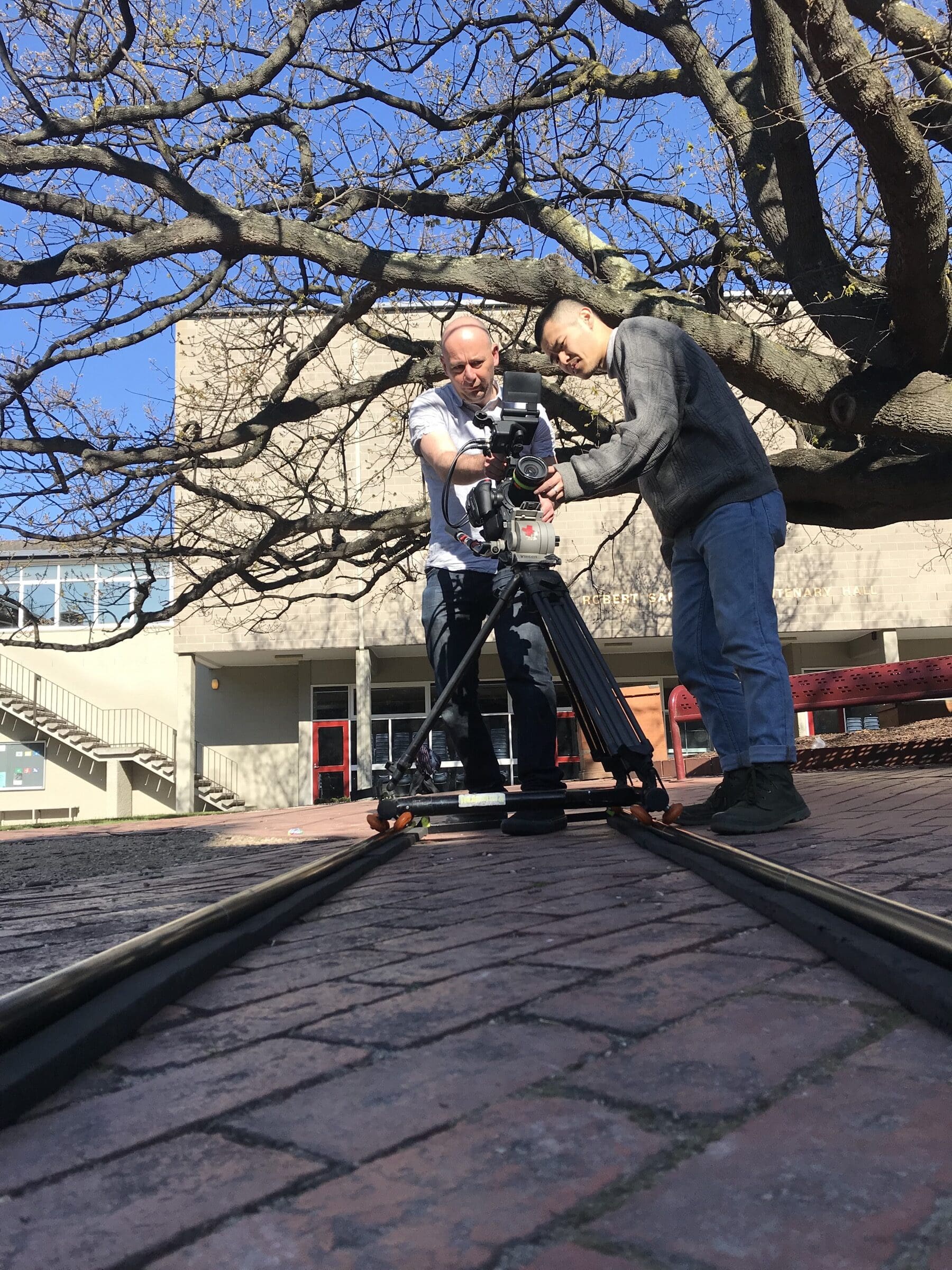 Dream Engine camera crew filming on the Brighton Grammar campus