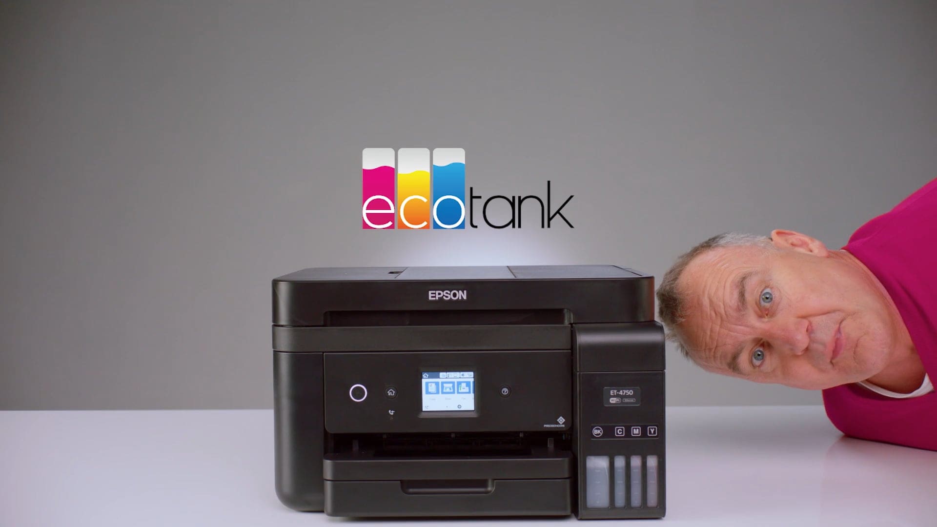 Jimeoin beside an Epson EcoTank printer in the television commercial