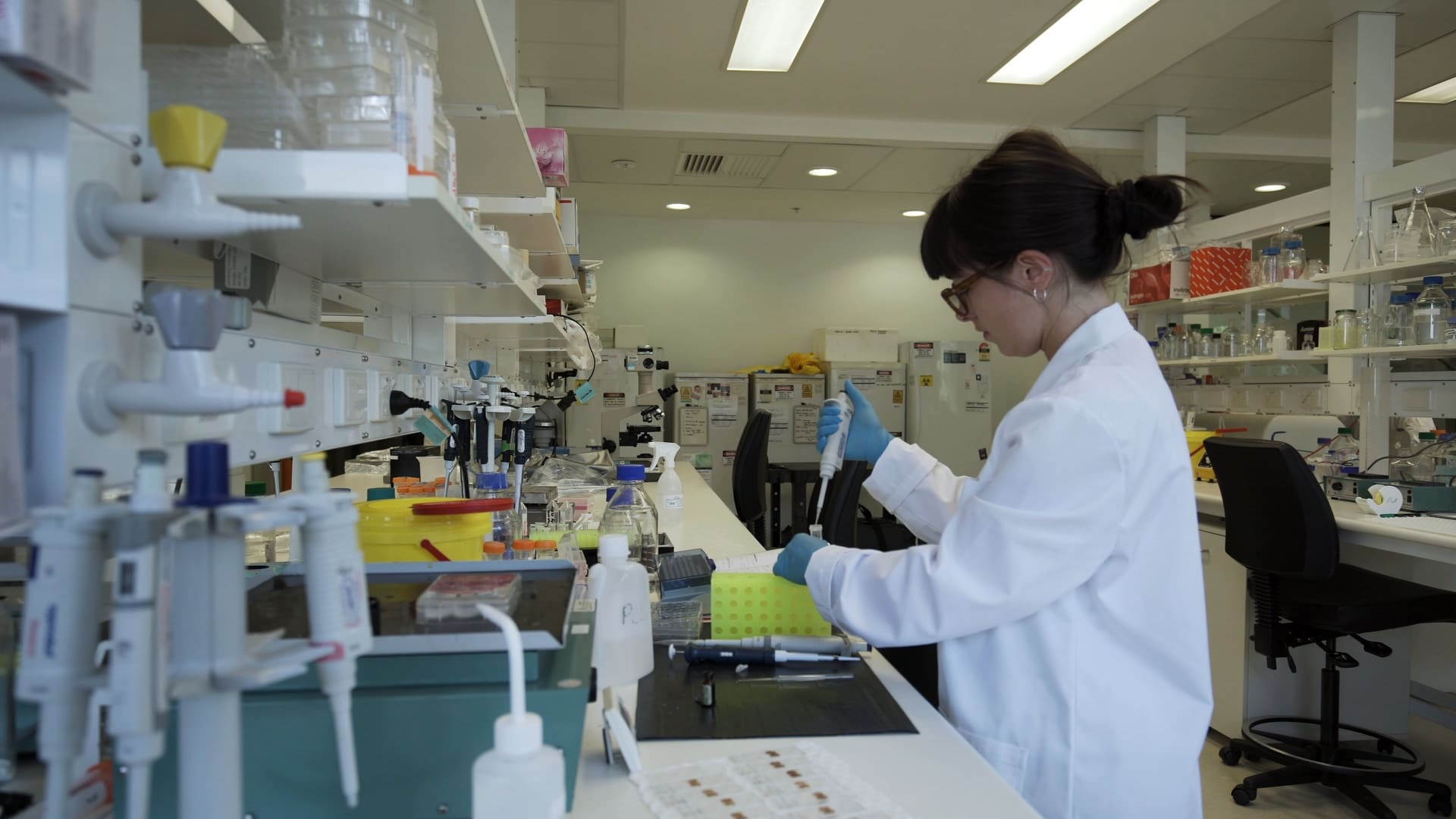 Researcher working in a laboratory for The Florey Institute fundraising film