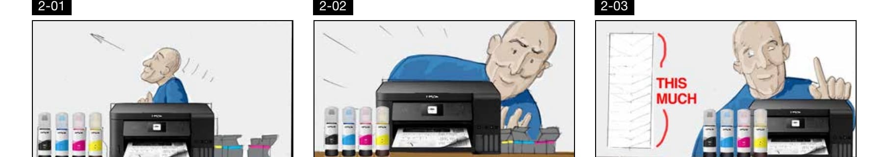Three-frame excerpt from the Epson EcoTank Savings and Freedom television commercial storyboard