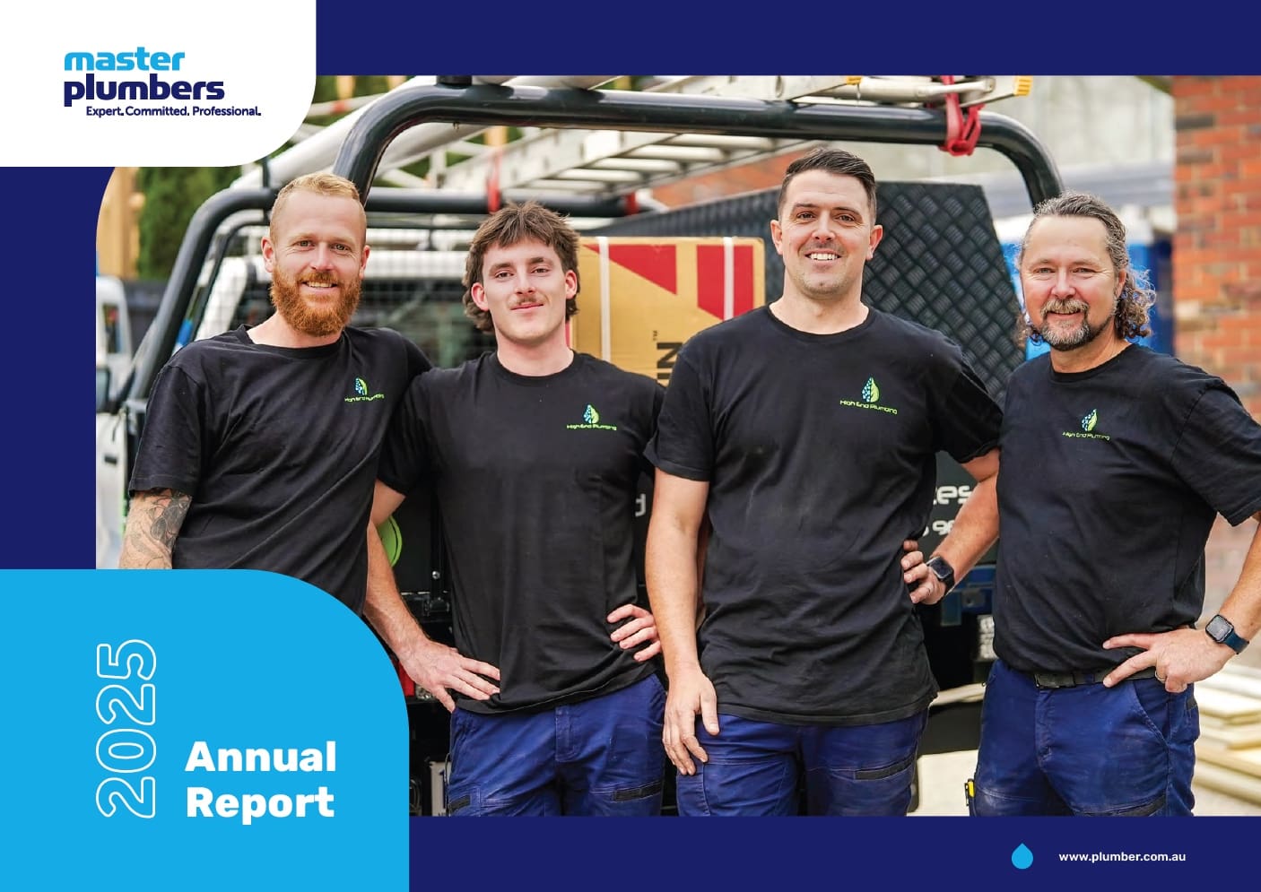 Master Plumbers 2025 Annual Report cover featuring four plumbing professionals photographed by Dream Engine