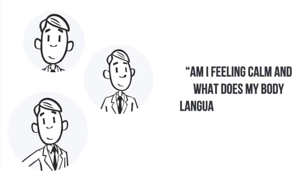 Hand-drawn characters beside on-screen text about feeling calm and body language.