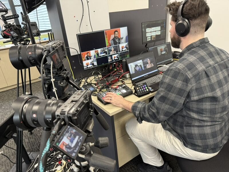 Livestream director switching between the Melbourne Polytechnic studio, remote presenters and presentation slides