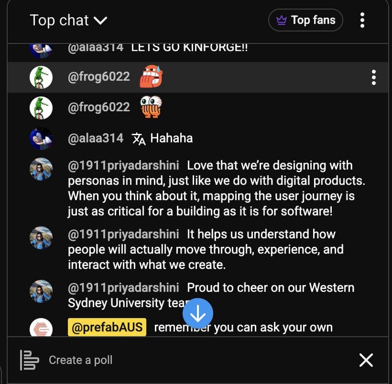 YouTube live chat during the prefabAUS Autodesk Challenge Cup finalist presentations