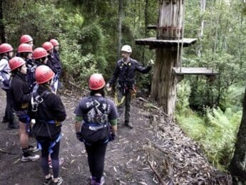 Students preparing for the high ropes course at Rubicon Outdoor School