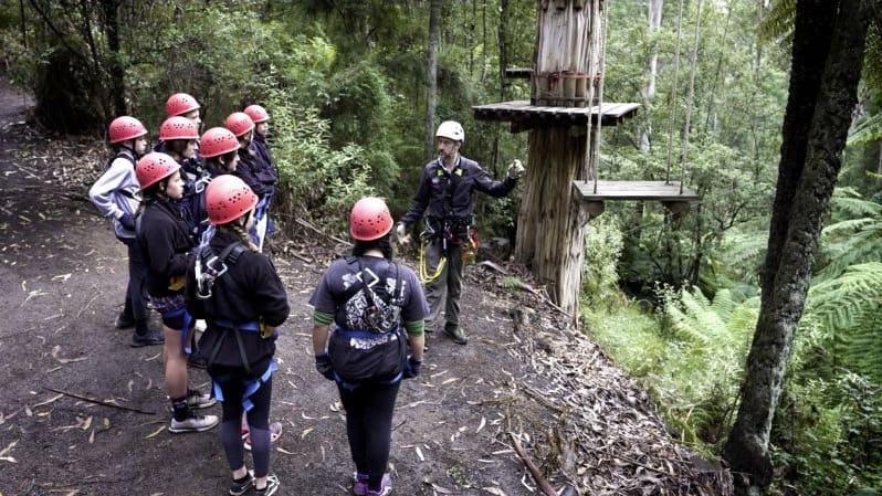 Students preparing for the high ropes course at Rubicon Outdoor School