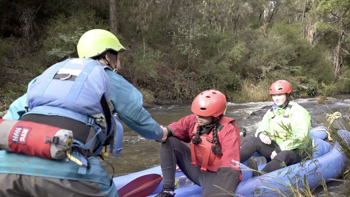 Students preparing for a river activity with an instructor at Rubicon Outdoor School