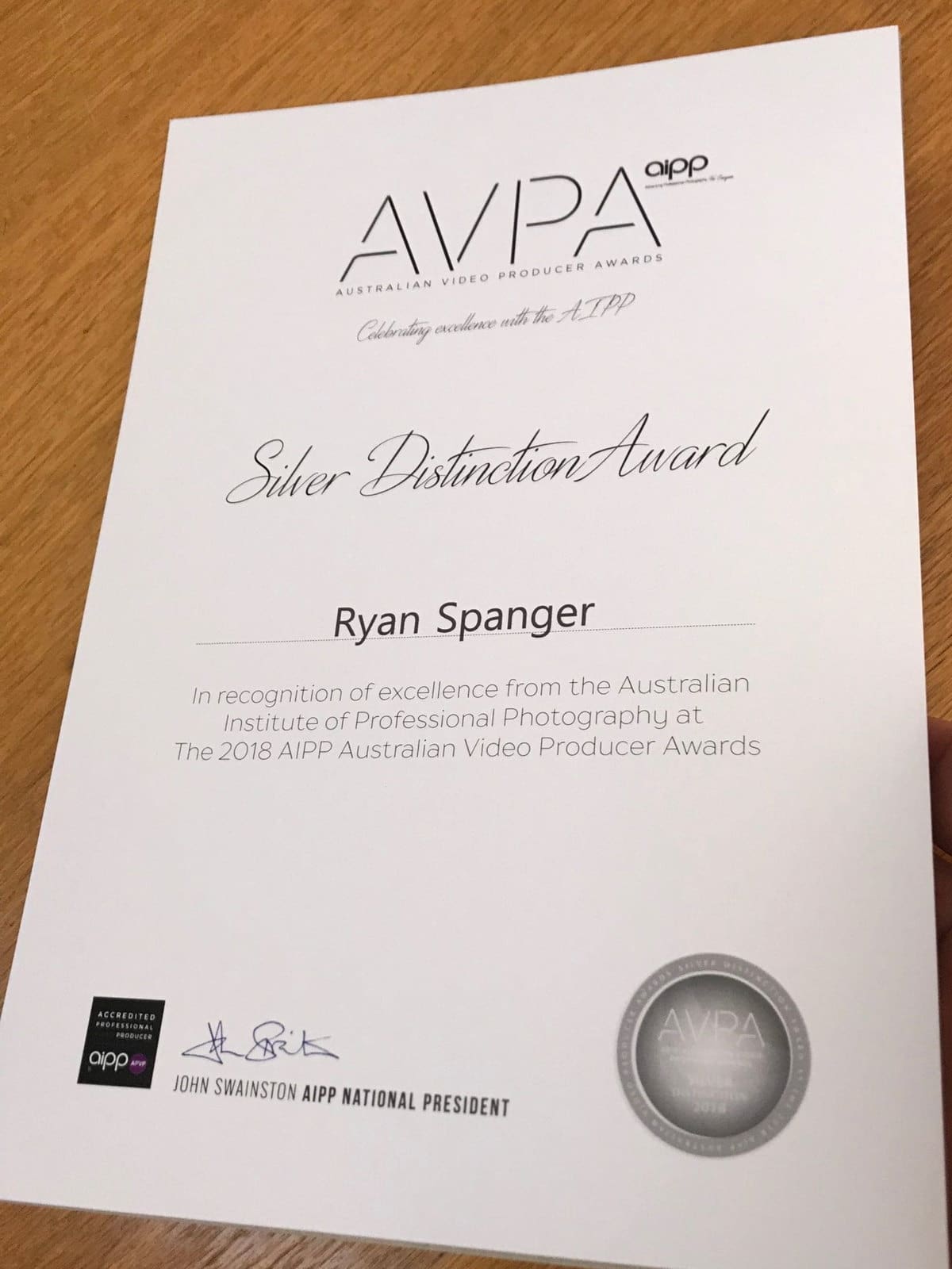 2018 AIPP Australian Video Producer Awards Silver Distinction certificate awarded to Ryan Spanger