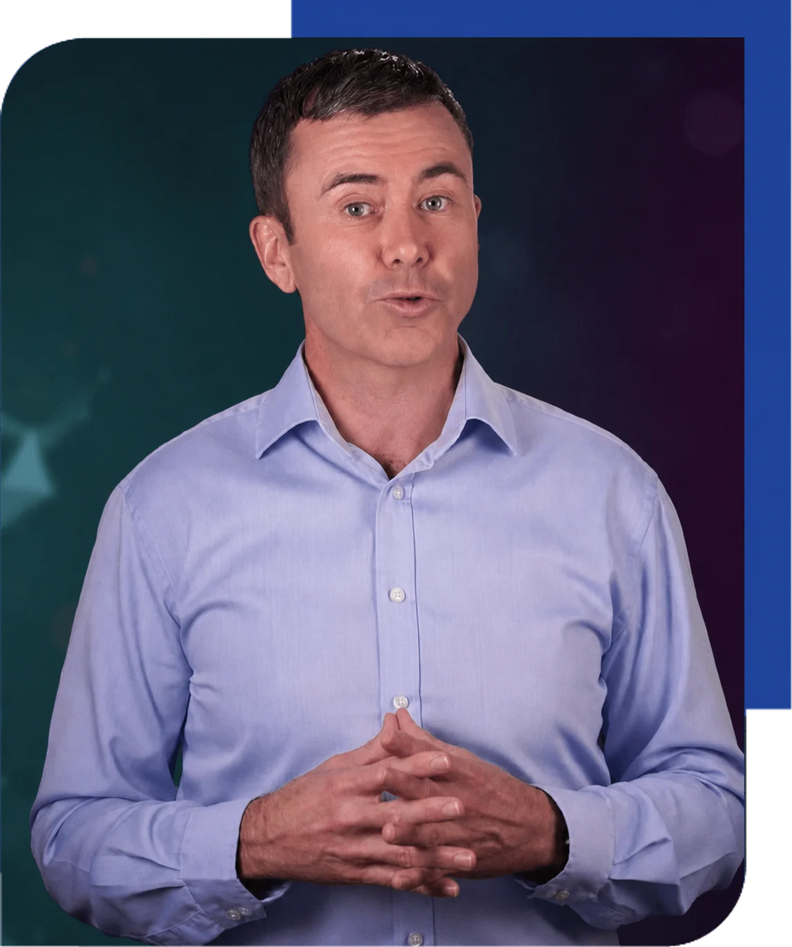 Presenter delivering information to camera for a workplace video
