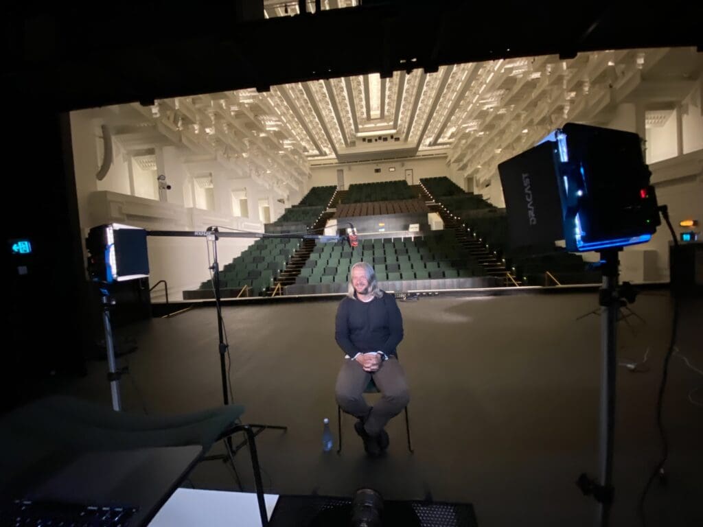 Dream Engine filming a BN Electrical interview on stage at Melbourne's Capitol Theatre for Autodesk Construction Cloud