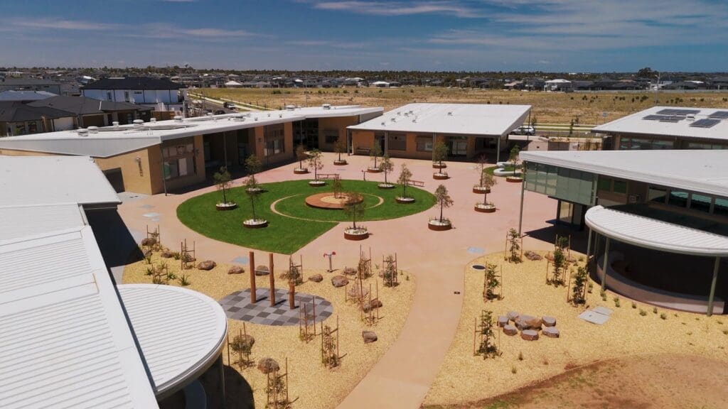 Aerial view of Barayip Primary School’s buildings and landscaped central courtyard in Tarneit