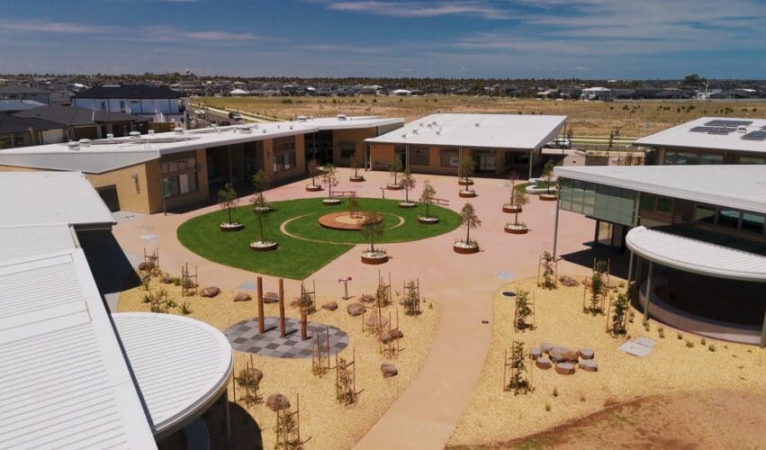 Aerial view of Barayip Primary School’s buildings and landscaped central courtyard in Tarneit