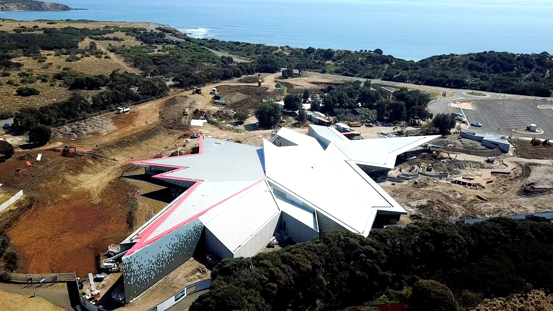 Aerial view of the Penguin Parade Visitor Centre under construction on Phillip Island